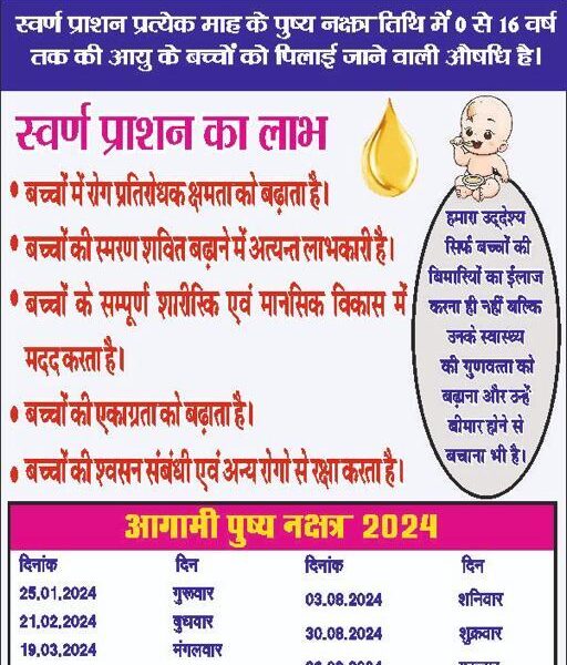 रायपुर में 26 सितम्बर को स्वर्णप्राशन